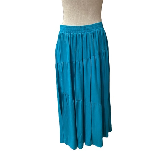 Anrabess Blue Teal Tiered Maxi Skirt with Pockets Bohemian Peasant Beachy Size L - Picture 1 of 10